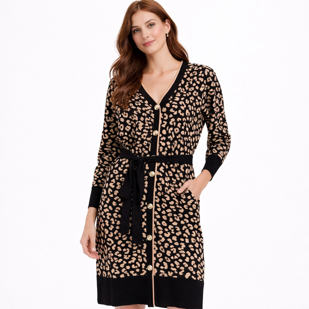 MADISON + HUDSON XL Black Beige Leopard Long Sleeve Dress NWT